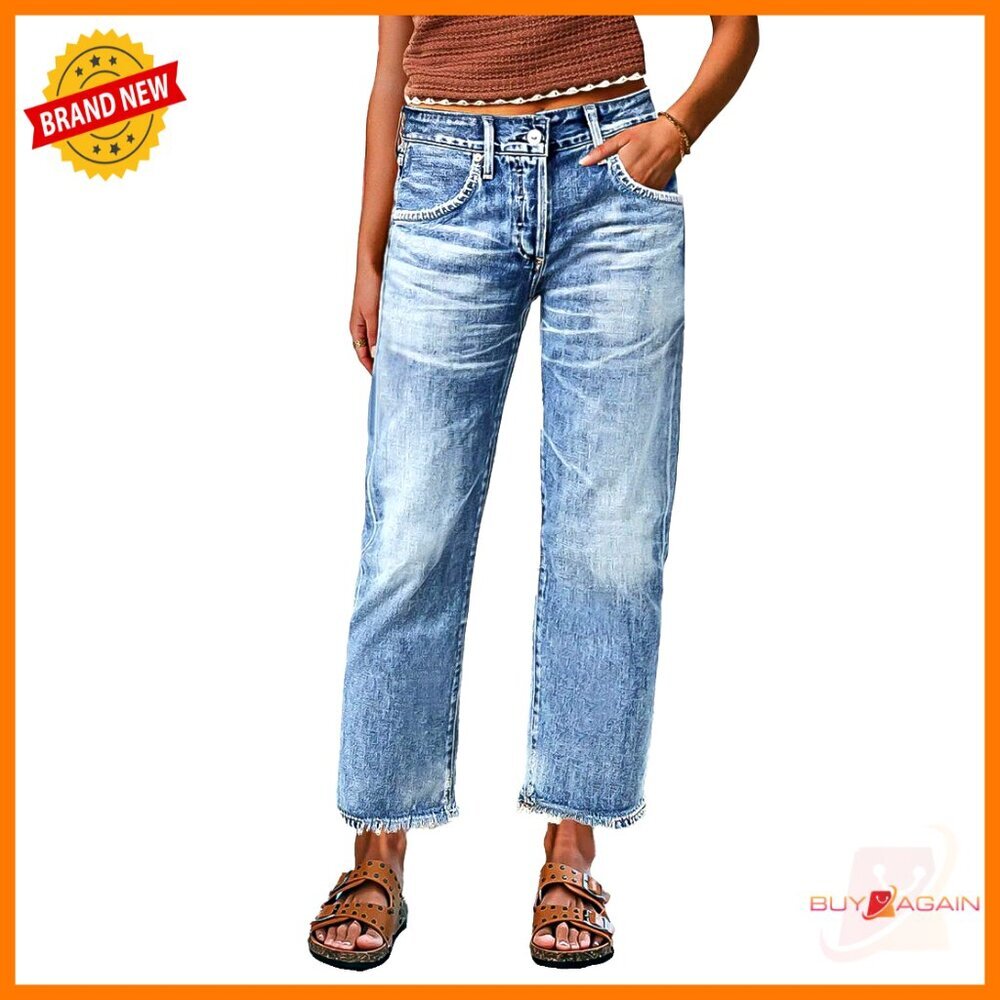 Straight Leg Crop Jeans Mid Waist Raw Hem Premium Denim